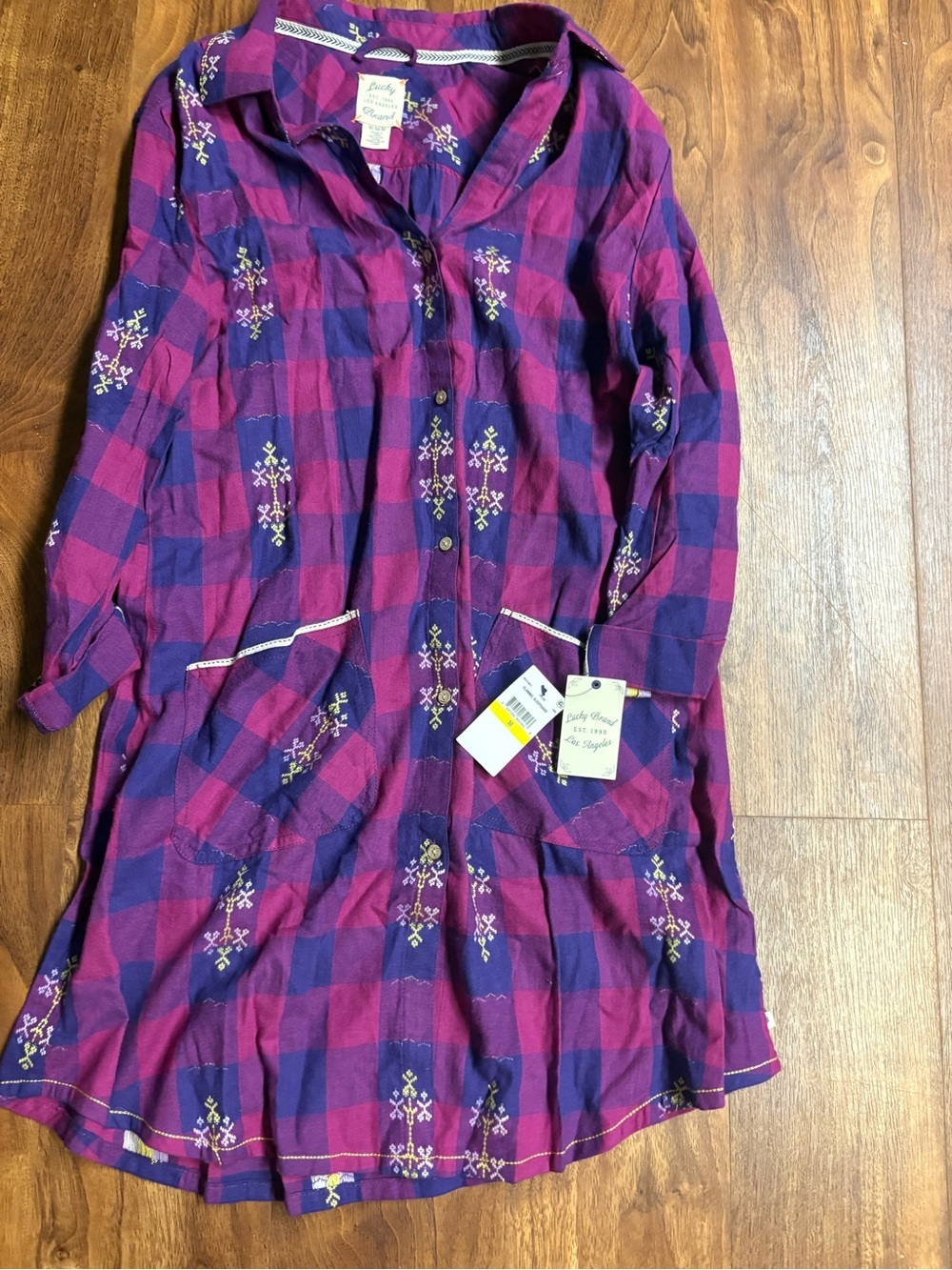 Lucky Brand Purple and Pink Plaid Button-Front Tunic Shirt Dress - Picture 1 of 4